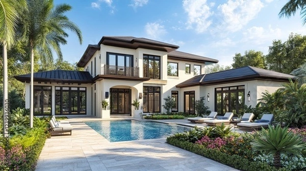 Fototapeta 4K video rendering of a modern house with ample parking space and a stunning pool area. 