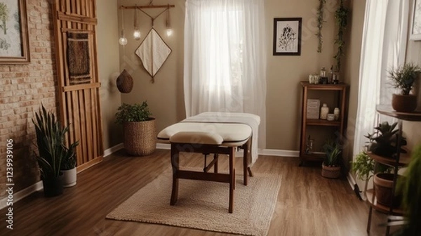 Fototapeta Empty massage room with soft lighting and minimalist decor. Tranquility and relaxation in a serene environment, inviting moments of peace and self-care.