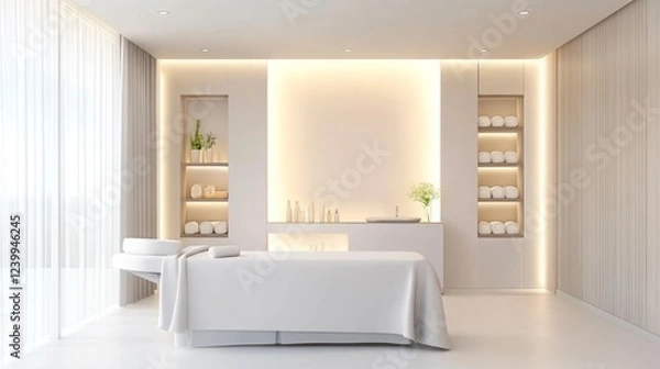 Fototapeta Empty massage room with soft lighting and minimalist decor. Tranquility and relaxation in a serene environment, inviting moments of peace and self-care.