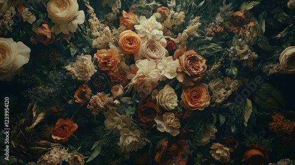 Obraz A lush arrangement of various flowers in autumnal hues. Deep greens and rich earth tones create a moody, romantic atmosphere.