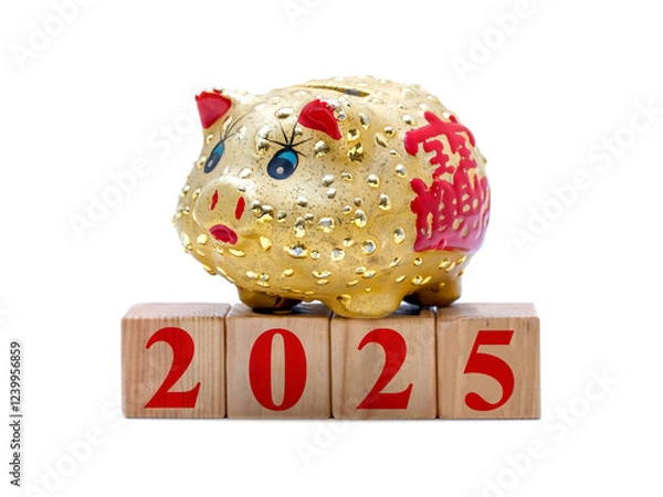 Fototapeta New Year 2025: piggy bank and toy blocks isolated
