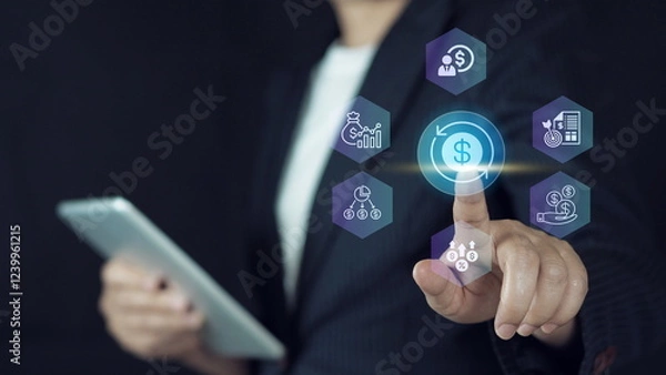 Fototapeta Tablet, discussion and business people in office with report for break in finance stock market. Meeting, digital technology and financial advisors with online revenue