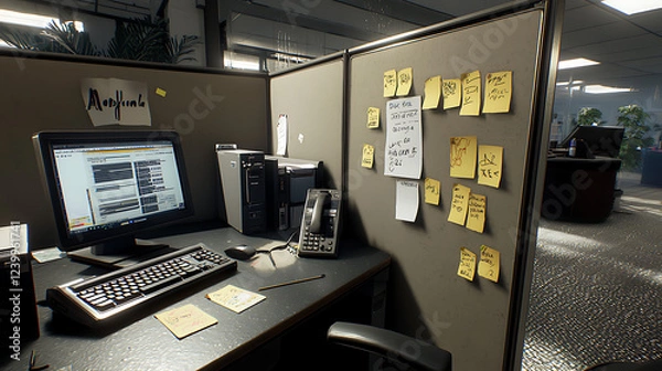 Obraz A cubicle with a computer, a phone, and a keyboard. generated using AI