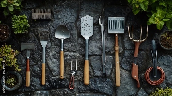 Fototapeta top view collection set Assorted gardening tools neatly arranged on a rustic stone surface with plants.