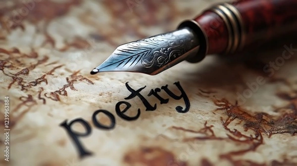 Fototapeta A pen is on top of a piece of paper with the word poetry written in cursive