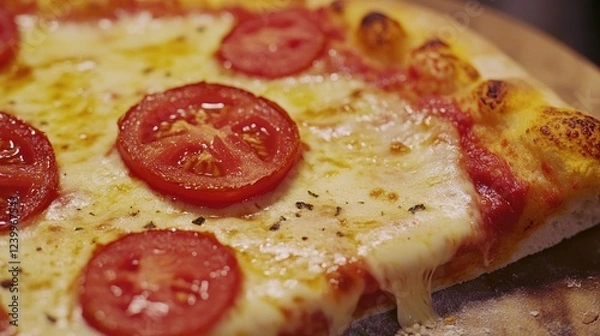 Fototapeta Appetizing cheese pizza with tomato slices and red onions, served warm from the oven. Enjoy this delightful Italian dinner with family and friends.
