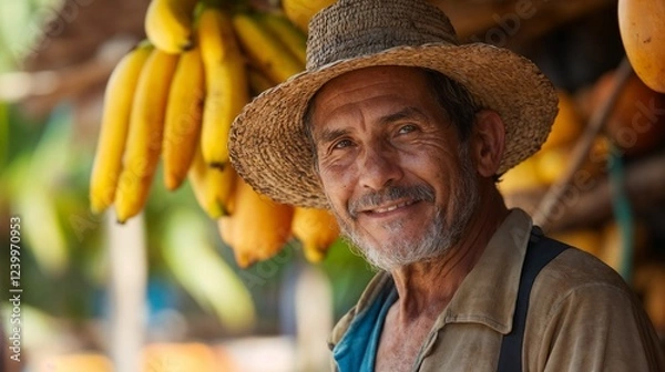Obraz Senior banana farmer with tropical fruit harvest. Perfect for agriculture, local farming, and sustainable production concepts.