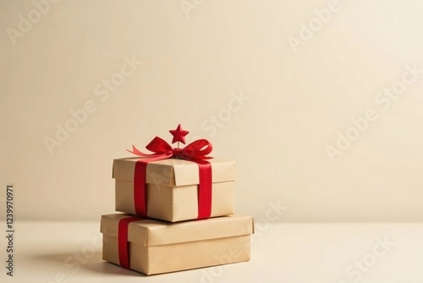 Fototapeta A pair of kraft paper gift boxes adorned with a vibrant red ribbon and star accent, arranged on a minimalist neutral backdrop.
