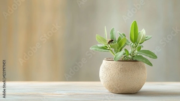 Obraz Sage plant in stone pot on wooden table close-up photography