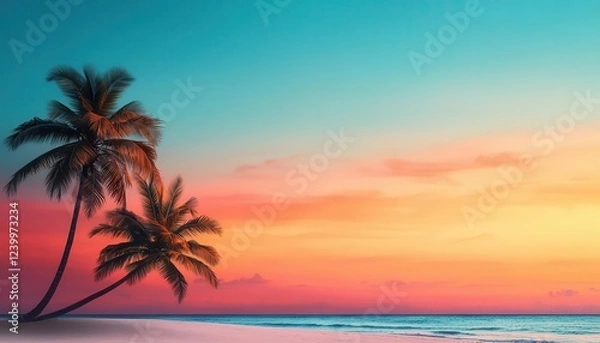 Fototapeta Serene beach at sunset with palm trees against a vibrant sky.
