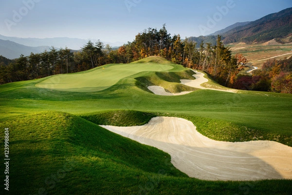 Obraz 자연의 산과 숲이 어울어진 녹색의 골프장.