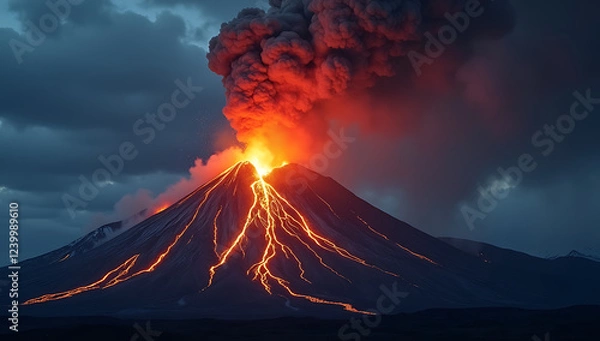 Fototapeta A dramatic live wallpaper of a powerful volcano erupting, with molten lava flowing, fiery explosions, and dark ash clouds billowing into the sky. A breathtaking natural disaster scene