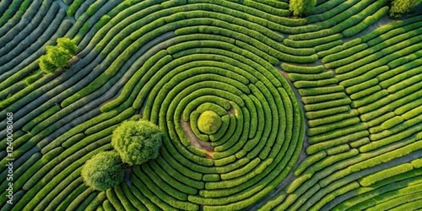 Fototapeta Aerial view of a tea plantation with rows of trees resembling a fingerprint , finger print landscape