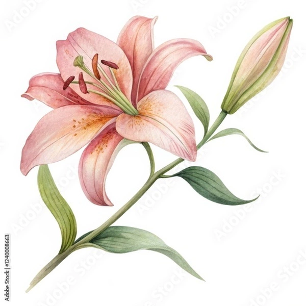 Fototapeta Watercolor Pink Lily Flower Botanical Illustration, Floral Art, Lily Bud, Nature, Plant Lily, Botanical Illustration