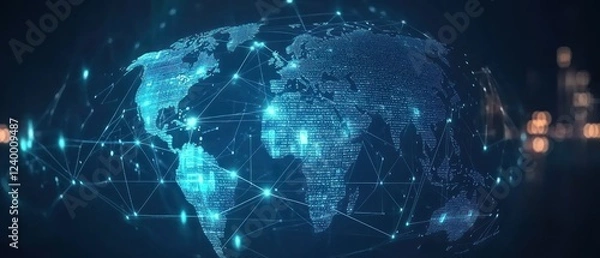 Fototapeta Global network connections illuminated in a digital landscape