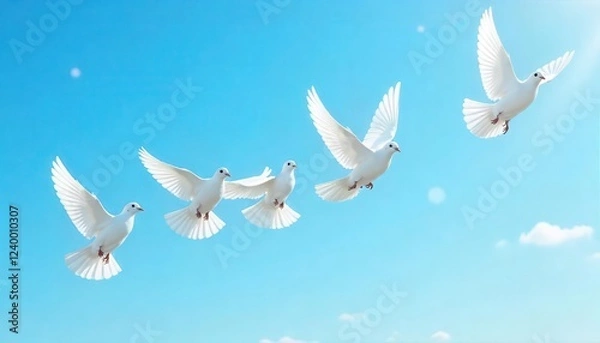 Fototapeta Doves in flight displaying freedom clear blue sky nature photography serene environment wide-angle view symbol of peace