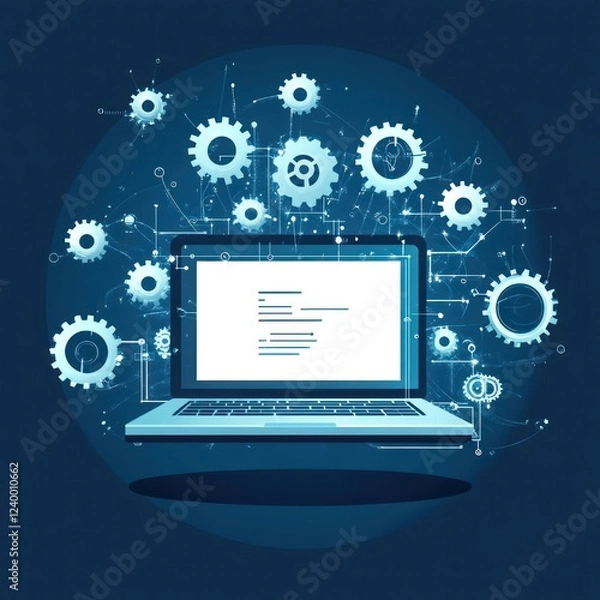 Fototapeta Laptop gears coding digital network technology