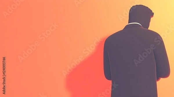 Fototapeta Elegant silhouette of a man in a suit against a vibrant orange background
