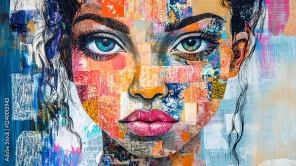 Fototapeta Mixed media collage incorporating fabric, paper, and vibrant splashes of paint