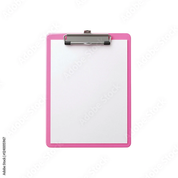 Fototapeta A pink clipboard with a metal clip, featuring a blank surface for writing or note-taking.