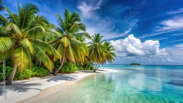 Fototapeta Dense foliage of palm trees swaying gently in the tropical breeze on a pristine white sandy beach with crystal clear turquoise waters and vibrant coral reefs, serene landscape, nature scenery
