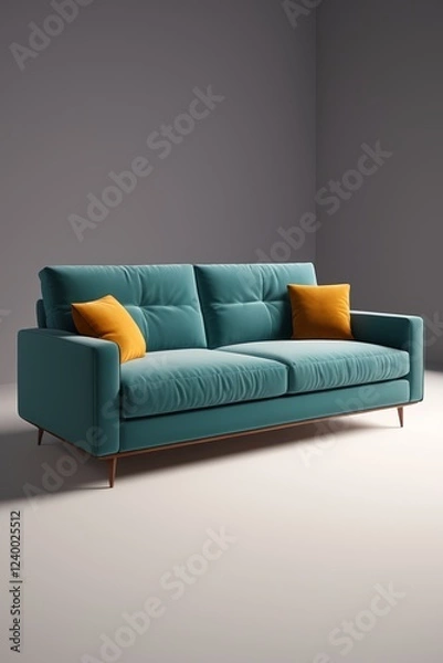 Fototapeta arafed couch with orange pillows in a room with a gray wall