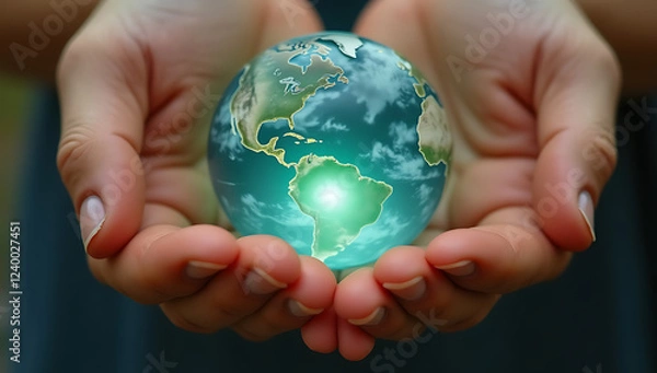 Fototapeta "A pair of hands holding a small Earth represents global unity, sustainability, and protecting the planet." – A compelling concept for environmental awareness and international cooperation.
