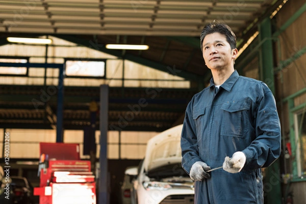 Obraz 自動車整備工場で働く整備士の男性