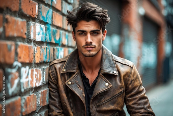 Obraz A young man wearing a vintage jacket leans against a brick wall in an urban area.