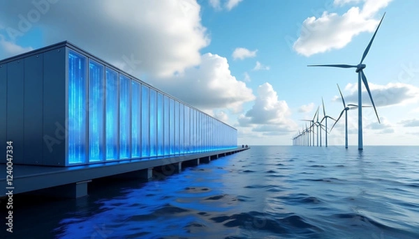 Fototapeta Floating Data Center With Offshore Wind Farm
