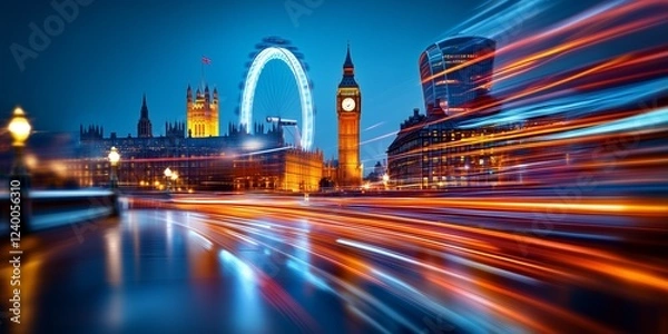 Fototapeta London cityscape glowing at dusk, westminster palace, big ben, london eye, and 30 st mary axe illuminated, car lights creating vibrant streaks across dramatic evening skyline