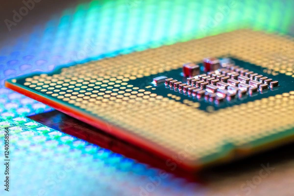 Fototapeta Macro Studio Shot of a CPU Wafer in a High-Tech Laboratory.A highly detailed macro shot of a CPU wafer placed in a laboratory, showcasing the intricate semiconductor design.