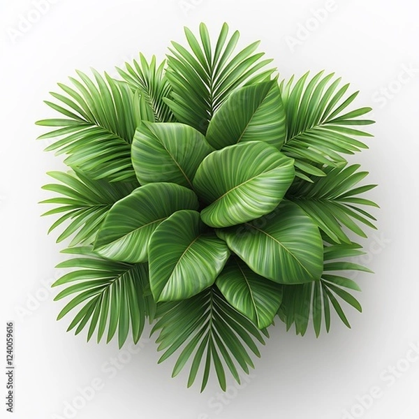 Fototapeta Lush Tropical Greenery: A vibrant collection of palm and tropical leaves arranged in a circular pattern, showcasing the rich green hues and intricate textures of nature.