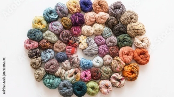 Fototapeta Colorful yarn skeins display a vibrant circular arrangement, showcasing a spectrum of textures and hues for crafting inspiration.