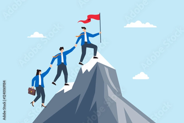 Obraz Flat illustration of businessman help colleague reach mountain top holding flag symbolizing leadership and teamwork success