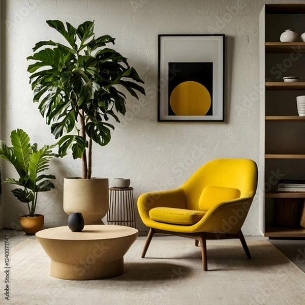 Fototapeta A collection of yellow modern furniture items, including a sofa, chair, planter, table, and lamp, all isolated on a transparent background. The sofa should have sleek lines with bold yellow.
