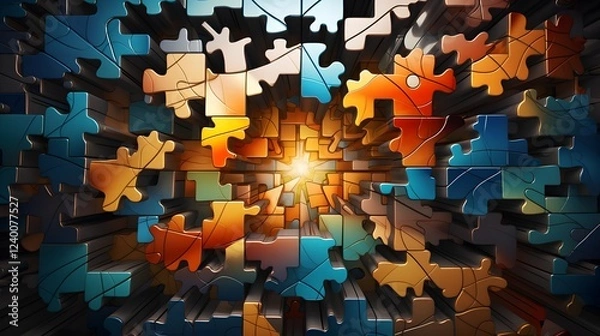 Fototapeta Interlocking puzzle pieces coming together in a visual representation of strategic planning problem solving and the pursuit of innovative solutions for growth and achievement