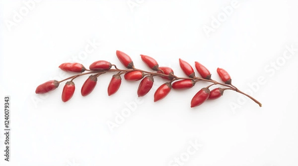 Fototapeta Red Berries Branch: A delicate branch adorned with vibrant red berries arranged in a graceful curve, creating a visually appealing and naturally elegant composition. 