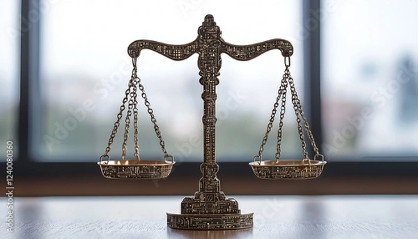 Obraz A decorative bronze scale symbolizes justice and balance, set against a blurred background of a modern office space.