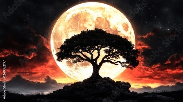 Fototapeta Silhouette of a large tree stands majestically against a fiery, large full moon.