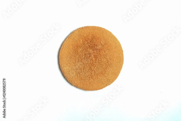 Fototapeta Used round brown powder puff isolated on white background.Tool for leveling powder when applying make-up.Copy space for text.Beauty care concept.For graphic design