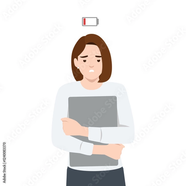 Fototapeta Low Battery, Exhausted Woman. Tired looking woman holding a laptop with low battery icon. Flat vector illustration isolated on white background