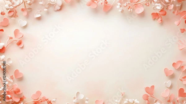 Fototapeta A beautifully designed blank Valentine's Day space with soft pastel pink and white tones, decorated with delicate heart patterns and floral elements.  
