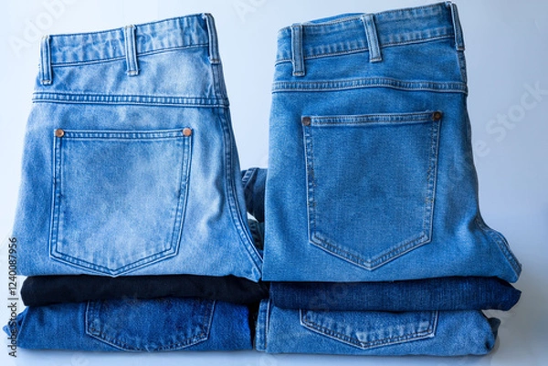 Fototapeta Blue jeans, stack of denim pants, composition, denim texture. top view on white background..