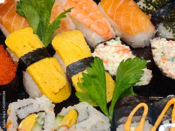 Fototapeta Colorfull sushi serving in restaurant