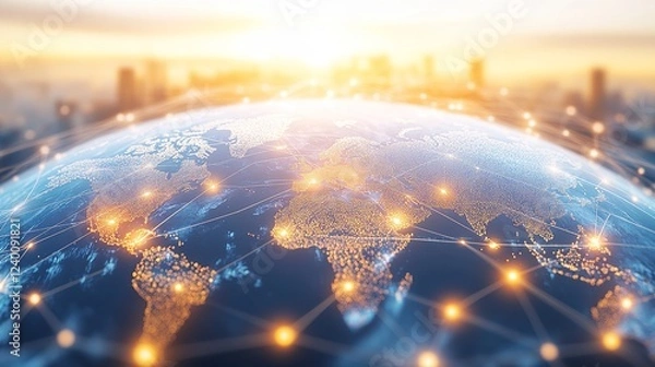 Fototapeta Global business network with glowing nodes and lines, symbolizing modern corporate connectivity and innovation.