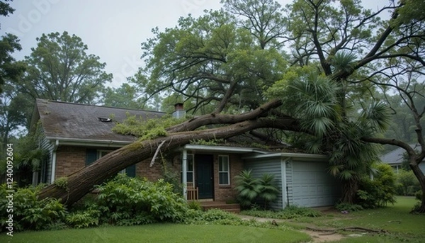 Fototapeta A tree that has fallen on a home's roof following a hurricane, signifying storm damage and the necessity of repairs and