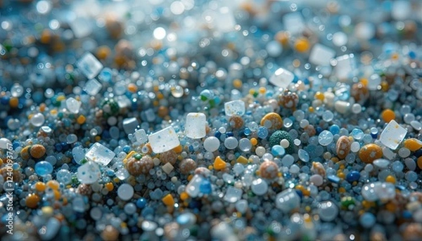 Fototapeta environmental effects of plastic contamination in oceans and drinking water sources are highlighted by this close-up of microplastics floating in pure water.-