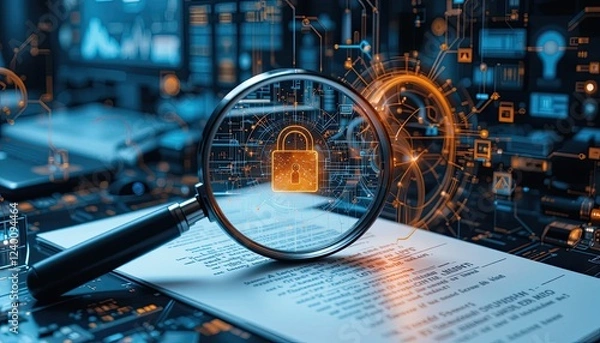 Fototapeta intricate idea for an IT security risk assessment that represents scrutiny and protection by using a magnifying glass to focus on a document in an abstract technical