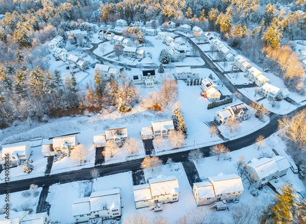 Fototapeta aerial view of residential community in winter after snow under dusk sunlight
